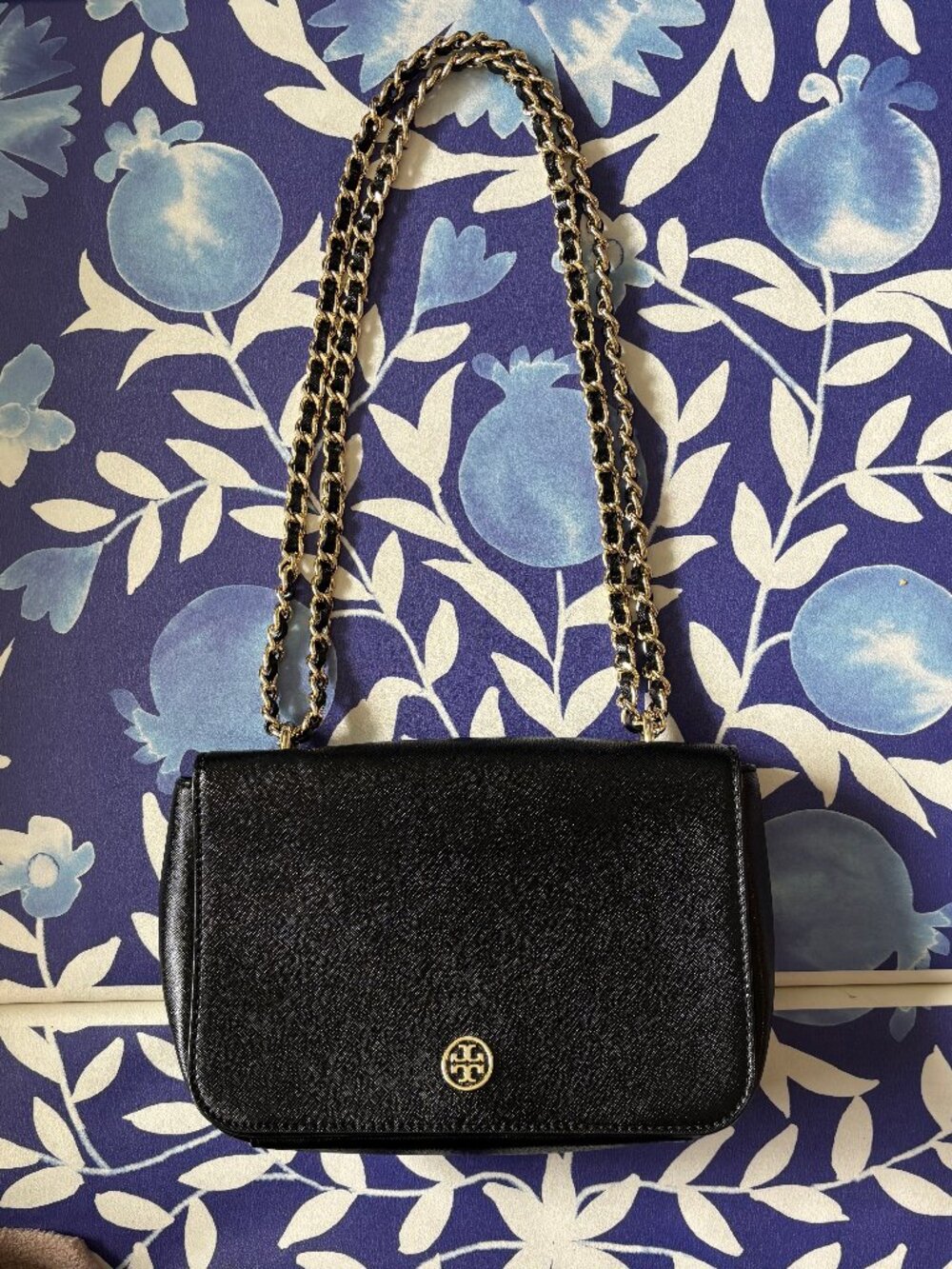Tory Burch Black Saffiano Leather Bag w/ Convertible Goldtone Chain Strap